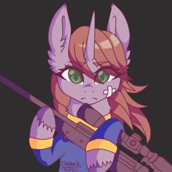 Size: 1378x1378 | Tagged: safe, artist:claire205715, oc, oc:littlepip, pony, unicorn, fallout equestria, bandage, clothes, gun, jumpsuit, rifle, vault suit, weapon