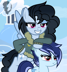 Size: 1448x1558 | Tagged: safe, artist:skyfallfrost, oc, oc only, oc:sky chaser (skyfallfrost), oc:skyfall frost, pegasus, pony, adopted offspring, bomber jacket, clothes, female, filly, jacket, mare, mother and child, mother and daughter