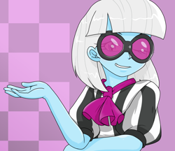 Size: 1480x1280 | Tagged: safe, artist:batipin, photo finish, equestria girls, g4, abstract background, female, glasses, grin, one eye closed, smiling, solo