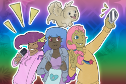 Size: 1505x1003 | Tagged: safe, artist:mystic-snail, izzy moonbow, pipp petals, sunny starscout, dog, human, g5, cellphone, clothes, coat, dark skin, eyes closed, female, grin, hoodie, humanized, knitting, knitting needles, microphone, one eye closed, open mouth, peace sign, phone, smartphone, smiling, sweater, wink