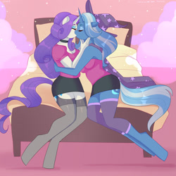 Size: 1280x1280 | Tagged: safe, artist:xjenn9, rarity, trixie, unicorn, anthro, unguligrade anthro, series:rarity kissing, bed, breasts, busty rarity, busty trixie, cleavage, clothes, commission, eyes closed, female, garter belt, kissing, lesbian, miniskirt, rarixie, shipping, skirt, socks, stockings, thigh highs
