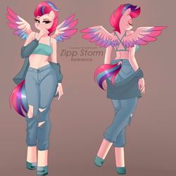 Size: 4000x4000 | Tagged: safe, artist:xjenn9, zipp storm, pegasus, anthro, unguligrade anthro, g5, absurd resolution, ass, blushing, butt, clothes, colored wings, commission, commissioner:endbringer99, eyes closed, female, jacket, looking at you, mare, midriff, multicolored wings, pants, png, reference sheet, ripped pants, shoes, smiling, smiling at you, solo, spread wings, text, torn clothes, wings, zippbutt