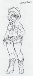 Size: 1052x2397 | Tagged: safe, artist:ruxikah, part of a set, applejack, human, g4, abs, boots, breasts, clothes, daisy dukes, female, grayscale, hair over one eye, hand on hip, hat, humanized, midriff, monochrome, pencil drawing, shoes, short shirt, shorts, sketch, solo, traditional art, underboob