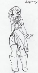 Size: 1220x2316 | Tagged: safe, artist:ruxikah, part of a set, rarity, human, g4, boots, bracelet, clothes, cutie mark, cutie mark on clothes, dress, female, grayscale, humanized, jewelry, monochrome, pencil drawing, shoes, sketch, solo, traditional art, wasp waist, wide hips