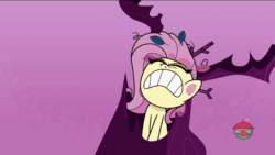 Size: 600x338 | Tagged: safe, edit, edited screencap, screencap, fluttershy, pegasus, pony, bighoof walking, g4.5, my little pony: pony life, animated, eyes closed, female, fluttertree, giantshy, gif, gritted teeth, macro, open mouth, out of context, solo, straining, teeth, tree, treehouse logo
