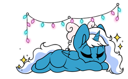 Size: 1131x707 | Tagged: safe, artist:cryptidmars, oc, oc:fleurbelle, alicorn, pony, alicorn oc, bow, eyes closed, fairy lights, female, hair bow, horn, mare, simple background, sleeping, sparkles, transparent background, wings