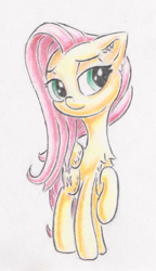 Size: 629x1092 | Tagged: safe, artist:itchystomach, fluttershy, pegasus, pony, g4, chest fluff, ear fluff, female, folded wings, head tilt, lidded eyes, looking at you, mare, pencil drawing, raised hoof, solo, standing, three quarter view, traditional art, turned head, wings