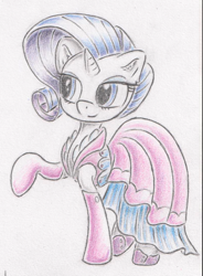 Size: 810x1103 | Tagged: safe, artist:itchystomach, rarity, pony, unicorn, g4, clothes, dress, evening gloves, female, gloves, hoof gloves, long gloves, looking at something, looking away, mare, pencil drawing, raised hoof, solo, standing, three quarter view, traditional art