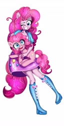 Size: 2089x4096 | Tagged: safe, artist:opal_radiance, pinkie pie, earth pony, human, pony, equestria girls, g4, alternate hairstyle, boots, clothes, duality, duo, female, grin, high res, hug, human paradox, jacket, jpg, mare, one eye closed, open mouth, ponied up, self paradox, self ponidox, shirt, shoes, simple background, skirt, smiling, t-shirt, white background, wink