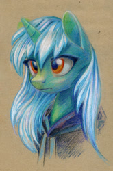 Size: 725x1100 | Tagged: safe, artist:maytee, lyra heartstrings, pony, unicorn, g4, bust, clothes, colored pencil drawing, dig the swell hoodie, hoodie, portrait, sad, solo, traditional art