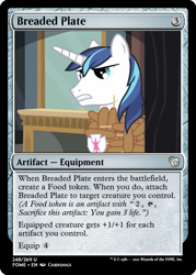 Size: 375x523 | Tagged: safe, edit, shining armor, pony, unicorn, friendship is witchcraft, g4, ccg, corn, corndog, foaly matripony, food, francis sparkle, magic the gathering, outfit made of corndogs, sausage, trading card, trading card edit