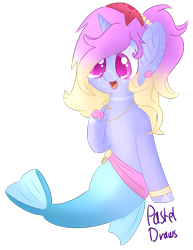 Size: 1383x1788 | Tagged: safe, artist:pasteldraws, merpony, pony, cute, fluffy mane, redesign, shell, simple background, solo, transparent background