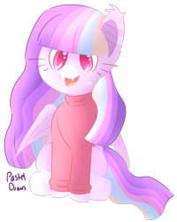 Size: 1180x1474 | Tagged: safe, artist:pasteldraws, bat pony, pony, clothes, cute, redesign, simple background, sitting, solo, sweater, transparent background