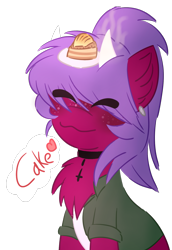 Size: 1243x1804 | Tagged: safe, artist:pasteldraws, oc, oc only, oc:aki, pony, succubus, cake, choker, clothes, cute, ear piercing, earring, fluffy mane, food, freckles, horns, jacket, jewelry, piercing, ponytail, simple background, smiling, solo, transparent background