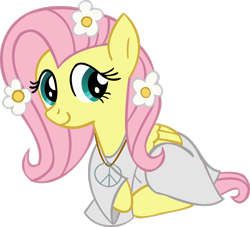 Size: 2568x2335 | Tagged: safe, artist:lelekhd, fluttershy, pegasus, pony, g4, 60s, clothes, female, flower, flower in hair, folded wings, high res, hippie, hippieshy, jewelry, looking at you, lying down, mare, necklace, peace sign, prone, simple background, smiling, solo, three quarter view, transparent background, wings