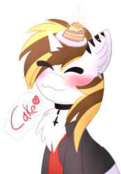 Size: 1239x1778 | Tagged: safe, artist:pasteldraws, artist:sroka001, oc, oc only, oc:srok, pony, unicorn, :3, cake, chest fluff, choker, closed mouth, cute, ear piercing, earring, fluffy, food, jewelry, necktie, piercing, redesign, simple background, smiling, solo, transparent background