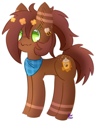 Size: 1461x1836 | Tagged: safe, artist:pasteldraws, oc, oc only, oc:honey blossom, bee, earth pony, insect, pony, clothes, cute, flower, food, freckles, honey, redesign, scarf, simple background, solo, transparent background