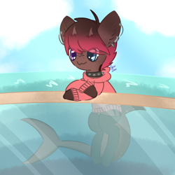 Size: 2000x2000 | Tagged: safe, artist:pasteldraws, oc, oc only, original species, pony, shark, shark pony, clothes, cloud, cloudy, collar, ear piercing, earring, freckles, heterochromia, high res, hoodie, horns, jewelry, ocean, piercing, socks, solo