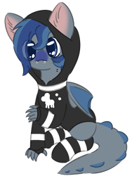 Size: 1305x1740 | Tagged: safe, artist:pasteldraws, oc, oc only, oc:breeze fang, hybrid, pony, bite mark, claws, clothes, cute, fangs, gloves, half dragonpony, half vampire, hoodie, redraw, simple background, socks, solo, transparent background