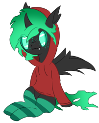 Size: 1524x1882 | Tagged: safe, artist:pasteldraws, oc, oc only, oc:ice, changeling, pony, clothes, fangs, fluffy mane, freckles, green changeling, hoodie, simple background, socks, solo, transparent background