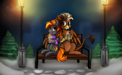 Size: 4096x2515 | Tagged: safe, artist:deraniel, oc, oc only, oc:digidash, oc:grimvale, griffon, pegasus, pony, bench, blurry background, cheek fluff, city, cityscape, clothes, couple, cup, drink, ear fluff, gay, griffon oc, hoof hold, leonine tail, looking up, male, night, outdoors, park, paws, pegasus oc, romantic, scarf, sitting, sky, smiling, snow, snowfall, stallion, stars, steam, streetlight, talons, tree, wings, winter