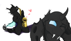 Size: 2340x1379 | Tagged: safe, artist:testostepone, oc, oc:coxa, oc:mimesis, changeling, ambiguous gender, blushing, eyes closed, fangs, male, musical instrument, one eye closed, saxophone, simple background, white background
