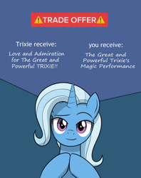 Size: 950x1200 | Tagged: safe, artist:mew-me, trixie, pony, unicorn, g4, female, hooves together, mare, meme, raised eyebrow, smiling, solo, trade offer