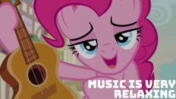 Size: 1280x720 | Tagged: safe, edit, edited screencap, editor:quoterific, screencap, pinkie pie, earth pony, pony, g4, honest apple, female, guitar, hoof hold, lidded eyes, looking at you, mare, musical instrument, open mouth, smiling, solo