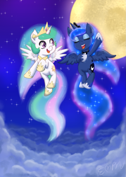 Size: 857x1200 | Tagged: safe, artist:empyu, princess celestia, princess luna, alicorn, pony, g4, chibi, cloud, cute, cutelestia, duo, ethereal mane, ethereal tail, eyes closed, female, flying, happy, jewelry, lunabetes, mare, moon, night, open mouth, regalia, royal sisters, siblings, sisters, smiling, stars