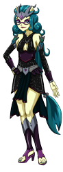 Size: 1104x3000 | Tagged: safe, artist:artemis-polara, juniper montage, equestria girls, g4, alternate hairstyle, breasts, cleavage, crown, feet, geode of mirror portals, glasses, helmet, horned helmet, jewelry, nail polish, ponied up, pony ears, ponytail, regalia, simple background, solo, super ponied up, transparent background