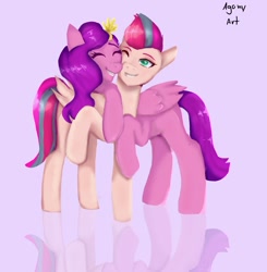 Size: 1853x1893 | Tagged: safe, artist:artagony, pipp petals, zipp storm, pegasus, pony, g5, eyes closed, female, hug, mare, one eye closed, raised hoof, reflection, sibling love, siblings, signature, simple background, sisterly love, sisters, smiling