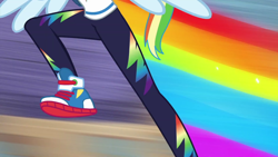 Size: 1280x720 | Tagged: safe, screencap, rainbow dash, equestria girls, g4, my little pony equestria girls: better together, run to break free, clothes, converse, faceless female, female, hoodie, jumping, offscreen character, rainbow trail, shoes, wings