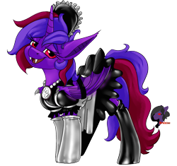 Size: 1184x1113 | Tagged: safe, artist:brainiac, oc, oc only, oc:violet rose ze vampony, alicorn, bat pony, bat pony alicorn, pony, bat wings, clothes, female, horn, latex, latex dress, looking at you, maid, mare, skirt, solo, wings
