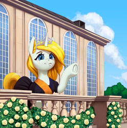 Size: 2500x2525 | Tagged: safe, artist:mrscroup, oc, oc only, oc:floots van oranje, pony, unicorn, balcony, building, clothes, cloud, dress, female, flower, high res, jewelry, roof, sash, sky, smiling, solo, tiara, tree, vent, waving, window, wreath