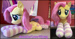Size: 3839x2030 | Tagged: safe, artist:qtpony, fluttershy, pony, g4, clothes, cute, daaaaaaaaaaaw, heart eyes, high res, irl, lying down, photo, plushie, prone, shyabetes, socks, solo, starry eyes, striped socks, wingding eyes