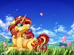 Size: 2400x1800 | Tagged: safe, artist:stainedglasslighthea, sunset shimmer, pony, unicorn, g4, beautiful, cloud, cute, female, flower, grass, lying down, mare, meadow, prone, shimmerbetes, sky, solo