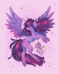 Size: 2400x3000 | Tagged: safe, artist:adishu, spike, twilight sparkle, alicorn, dragon, pony, chest fluff, duo, ear fluff, eyes closed, feathered fetlocks, female, flying, high res, leg fluff, male, mare, pink background, profile, simple background, spread wings, stars, twilight sparkle (alicorn), winged spike, wings