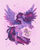 Size: 2400x3000 | Tagged: safe, artist:adishu, spike, twilight sparkle, alicorn, dragon, pony, g4, chest fluff, duo, ear fluff, eyes closed, feathered fetlocks, female, flying, high res, leg fluff, male, mare, pink background, profile, simple background, spread wings, stars, twilight sparkle (alicorn), winged spike, wings