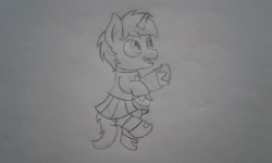 Size: 2560x1536 | Tagged: safe, artist:peternators, oc, oc only, oc:heroic armour, pony, unicorn, clothes, colt, crossdressing, jumping, male, mary janes, monochrome, shoes, sketch, skirt, smiling, socks, solo, sweater, traditional art