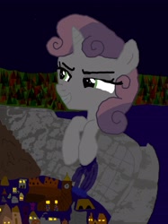 Size: 2981x3990 | Tagged: safe, artist:definitelynotme, sweetie belle, pony, unicorn, g4, badly drawn, dam, destruction, evil, evil smile, fanfic in the source, female, filly, flood, flooding, foal, glowing eyes, grin, high res, hooves, horn, lights, macro, mega sweetie belle, micro, mischevious, night, out of character, out of context, smiling, solo, stars, swimming, two toned hair, unprofessional, water, why