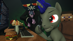 Size: 1920x1080 | Tagged: safe, artist:yrbertthecat, discord, twilight sparkle, oc, oc:enigan, oc:vadimcomrade, cat, human, pony, unicorn, anthro, g4, 3d, anthro oc, burger, computer, controller, crossover, food, keyboard, male, mario, minecraft, source filmmaker, steve, super mario bros., table, toy