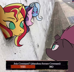 Size: 1500x1467 | Tagged: safe, artist:nire, starlight glimmer, sunset shimmer, tempest shadow, trixie, pony, unicorn, g4, broken horn, counterparts, dark souls, female, frown, horn, mare, meme, no catchlights, no pupils, ponified animal photo, reformed unicorn meeting, twilight's counterparts
