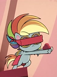 Size: 3024x4032 | Tagged: safe, screencap, rainbow dash, pegasus, pony, g4.5, little miss fortune, my little pony: pony life, spoiler:pony life s02e20, bipedal, blindfold, cropped, danger dash, female, rope, solo
