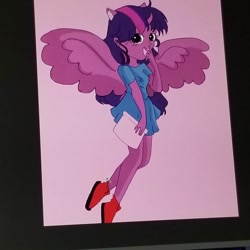 Size: 1080x1080 | Tagged: safe, alternate version, artist:vyckykenyon, twilight sparkle, alicorn, human, g4, alicorn humanization, clothes, colored, horn, horned humanization, humanized, open mouth, shoes, smiling, solo, spread wings, traditional art, twilight sparkle (alicorn), winged humanization, wings
