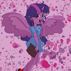 Size: 714x714 | Tagged: safe, alternate version, artist:vyckykenyon, twilight sparkle, alicorn, human, g4, abstract background, alicorn humanization, clothes, colored, horn, horned humanization, humanized, open mouth, shoes, smiling, solo, spread wings, twilight sparkle (alicorn), winged humanization, wings