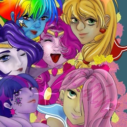 Size: 953x953 | Tagged: safe, artist:vyckykenyon, applejack, fluttershy, pinkie pie, rainbow dash, rarity, twilight sparkle, equestria girls, g4, bust, choker, crossover, ear piercing, eyes closed, female, hair over one eye, jewelry, lipstick, mane six, one eye closed, open mouth, piercing, sailor moon (series), smiling, tattoo, tiara, tongue out, wink