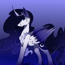Size: 1080x1079 | Tagged: safe, artist:tessa_key_, princess luna, alicorn, pony, g4, alternate design, chest fluff, ethereal mane, female, gradient background, horn, mare, solo, starry mane, wings