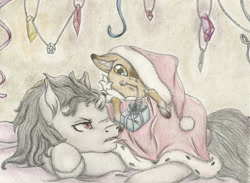 Size: 2865x2094 | Tagged: safe, artist:cindertale, king sombra, oc, oc:cinder, deer, pony, unicorn, g4, christmas, cloak, clothes, cute, deer oc, duo, hat, high res, holiday, looking back, lying down, male, mouth hold, present, prone, santa hat, stallion, traditional art
