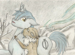 Size: 2861x2097 | Tagged: safe, artist:cindertale, oc, oc only, oc:aeon of dreams, oc:cinder, deer, pony, unicorn, chest fluff, cloven hooves, deer oc, duo, high res, horn, outdoors, traditional art, tree, unicorn oc