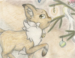 Size: 2250x1728 | Tagged: safe, artist:cindertale, oc, oc only, oc:cinder, deer, chest fluff, christmas, christmas tree, cloven hooves, deer oc, ear fluff, holiday, mouth hold, raised hoof, solo, traditional art, tree